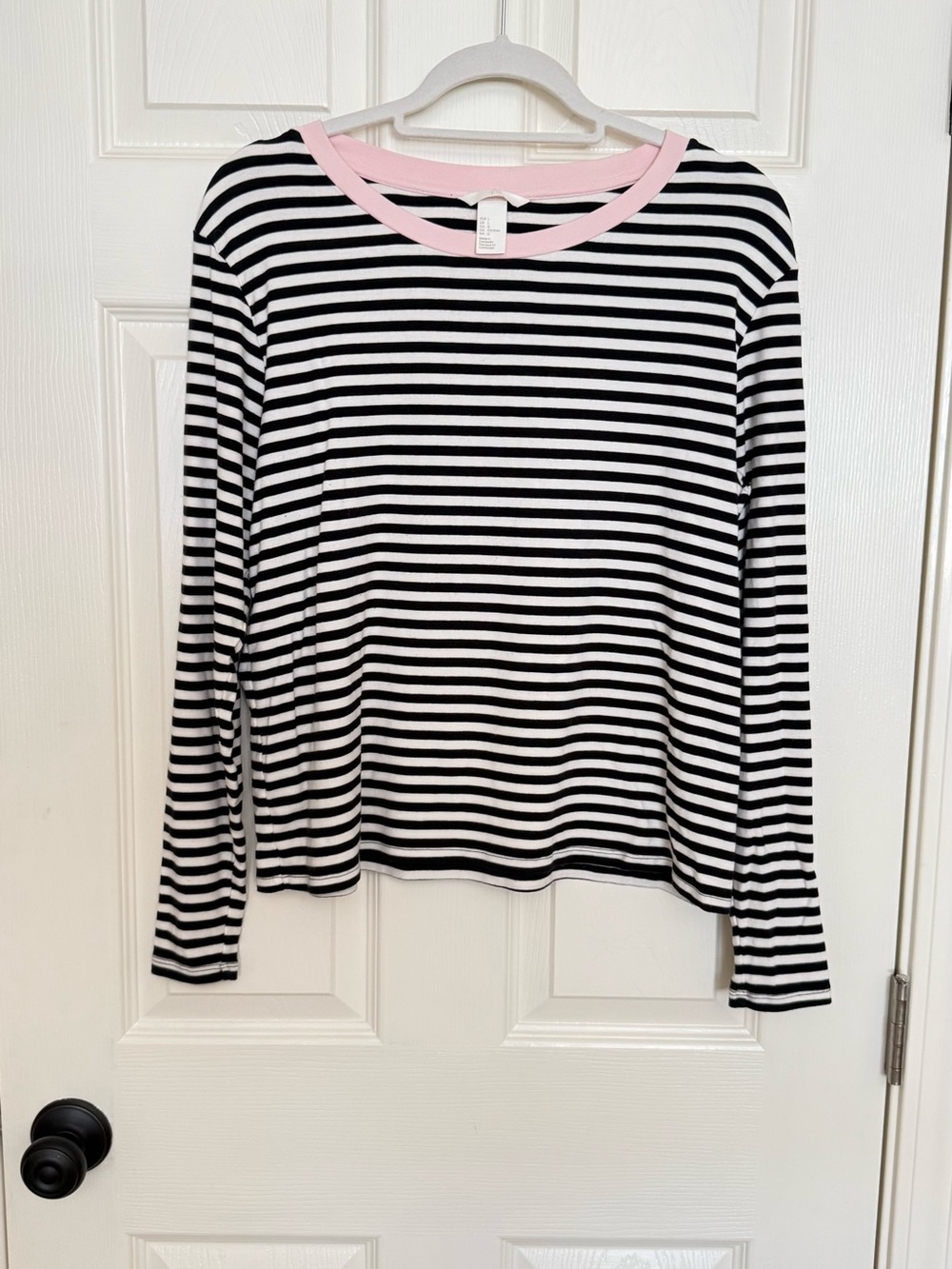 H&M Black and White Striped Long Sleeve Top with Pink Neckline